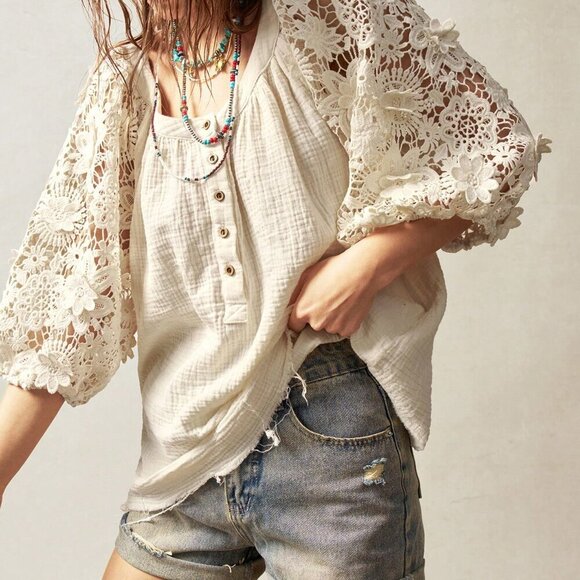 White Boho Women's Bohemian Plain Woven Loose Front Button Blouse - Picture 4 of 7